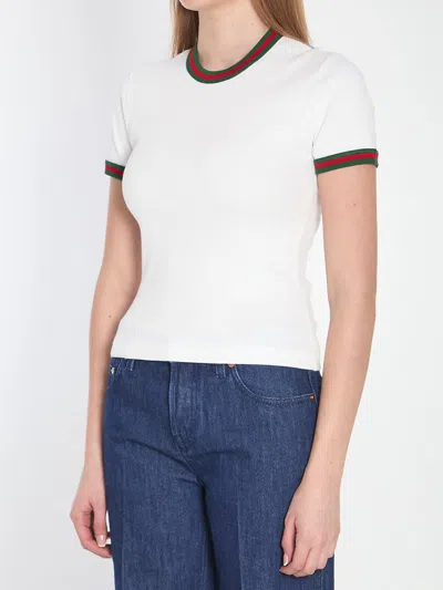 Gucci White Crewneck T-shirt With Web Detail On The Edges In Cotton Woman