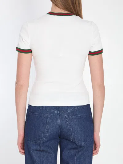 Gucci White Crewneck T-shirt With Web Detail On The Edges In Cotton Woman
