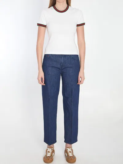 Gucci White Crewneck T-shirt With Web Detail On The Edges In Cotton Woman