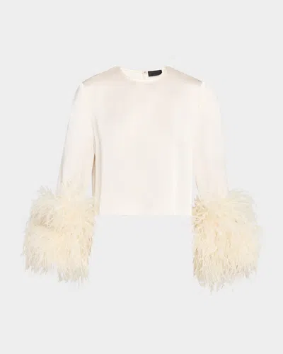 Lapointe Feather-trim Long-sleeve Crop Satin Top In Neutral