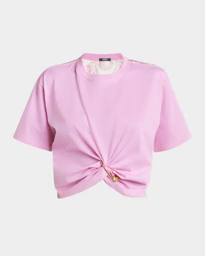 Versace Safety-pin Twisted Crop T-shirt With Underwater Barocco Silk Twill Back