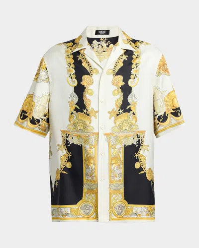 Versace Coral Teater White Bowling Shirt With Cuban Collar And All-over Print In Silk Man In Black