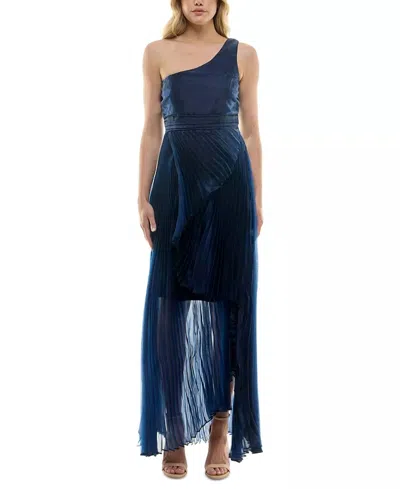 Taylor Asymmetric One Shoulder Pleated Organza Gown In Navy