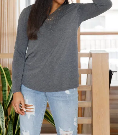 Emerald Collection Lacey Long Sleeve V-neck Top In Gray