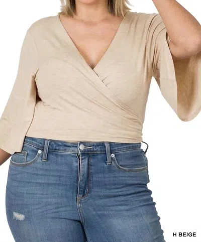 Zenana Luxe Rayon Wrapped Cropped Cardigan In Heather Beige