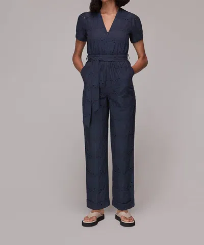 Whistles Zoe Broderie Tied Waist Eyelet Cotton Jumpsuit In Navy