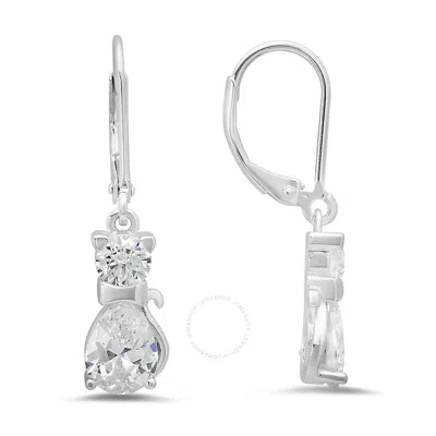 Kylie Harper Sterling Silver Dangling Cz Kitty Cat Leverback Earrings