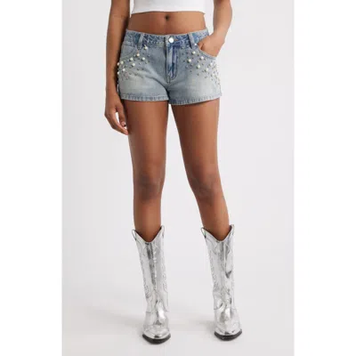 Ptcl Ruby Imitation Pearl & Rhinestone Detail Denim Shorts