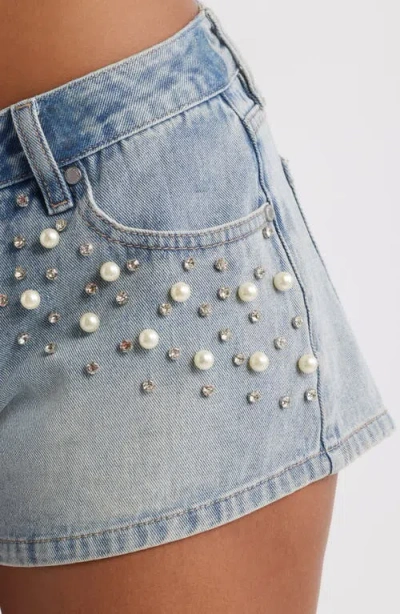 Ptcl Ruby Imitation Pearl & Rhinestone Detail Denim Shorts