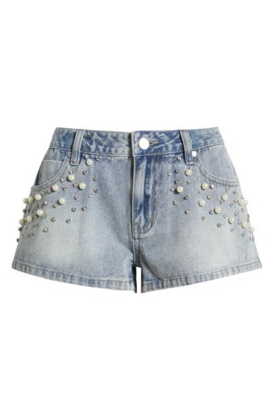 Ptcl Ruby Imitation Pearl & Rhinestone Detail Denim Shorts