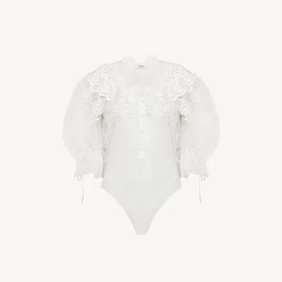 Chloé Puff-sleeve Bodysuit In Guipure Lace Cotton Mix White Size 8 100% Cotton, Pinctada Maxima, Farmed, C In White