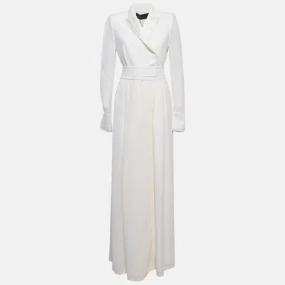 Pre-owned Max Mara White Satin And Silk Fringed Long Sleeve Maxi Dress M