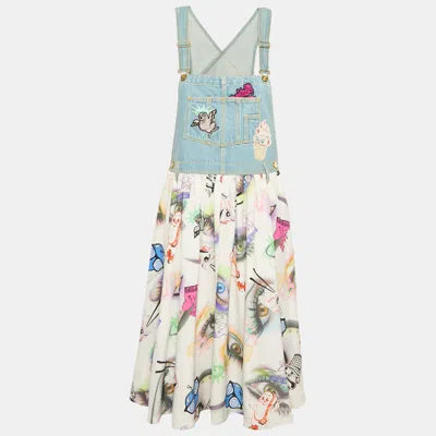 Pre-owned Kenzo Blue Eyes Print Silk And Denim Applique Detail Midi Dress M