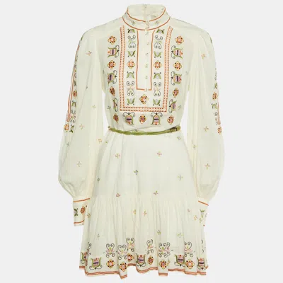 Pre-owned Alemais Cream Floral Embroidered Cotton Lovella Mini Dress M In White