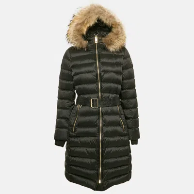 Pre-owned Burberry Black Nylon Real Fur Trim Limefield Down Coat L