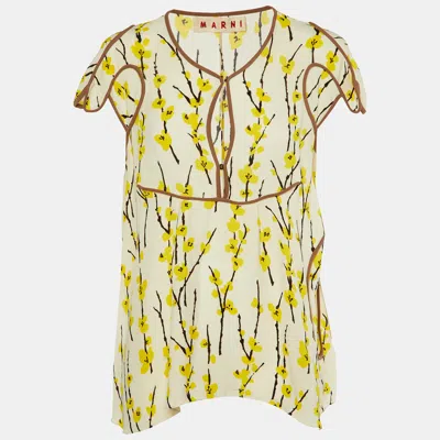 Pre-owned Marni Cream Printed Silk Crepe Top M In White