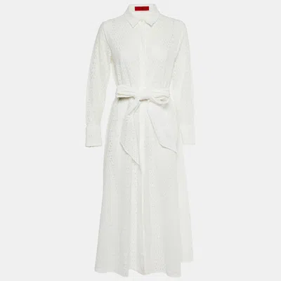 Pre-owned Ch Carolina Herrera White Eyelet Lace Belted Maxi Dress L