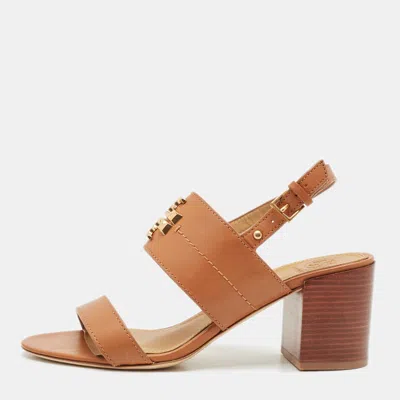 Pre-owned Tory Burch Brown Leather Everly Ankle Strap Sandals Size 38