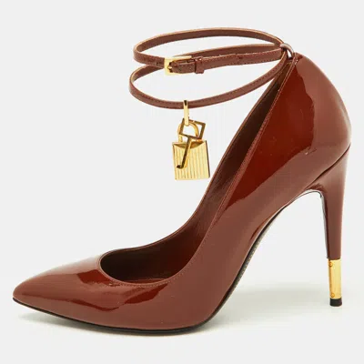 Pre-owned Tom Ford Brown Patent Leather Padlock Ankle Wrap Pumps Size 38