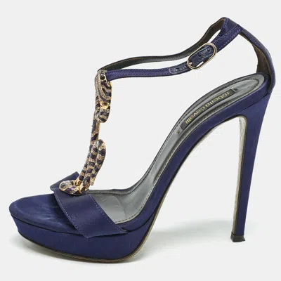 Pre-owned Roberto Cavalli Purple Satin Snake Embellished T-strap Sandals Size 36