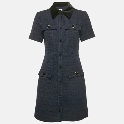 Pre-owned Sandro Navy Blue Tweed Faux Pocket Detail Mini Dress S