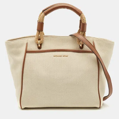 Pre-owned Michael Kors Brown/off White Canvas And Leather Small Talia Tote