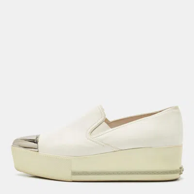Pre-owned Miu Miu White Leather Metal Cap Toe Platform Slip On Sneakers Size 37
