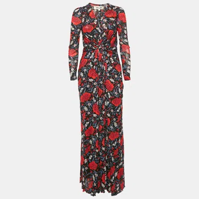 Pre-owned Diane Von Furstenberg Black Floral Print Jersey Long Sleeve Maxi Dress L