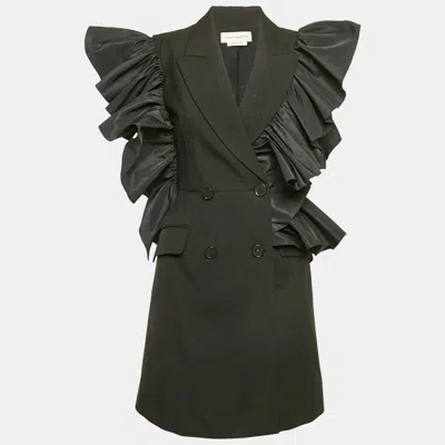 Pre-owned Alexander Mcqueen Black Wool And Ruffled Double Breasted Mini Dress S