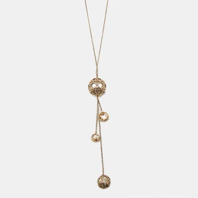 Pre-owned Dior Cannage Faux Pearl Crystals Gold Tone Long Necklace