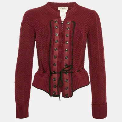 Pre-owned Chloé Vintage Burgundy Wool Knit Hook Front Cardigan M