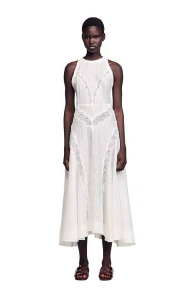 Sandro Womens Naturels Sleeveless Lace-trim Linen-blend Maxi Dress