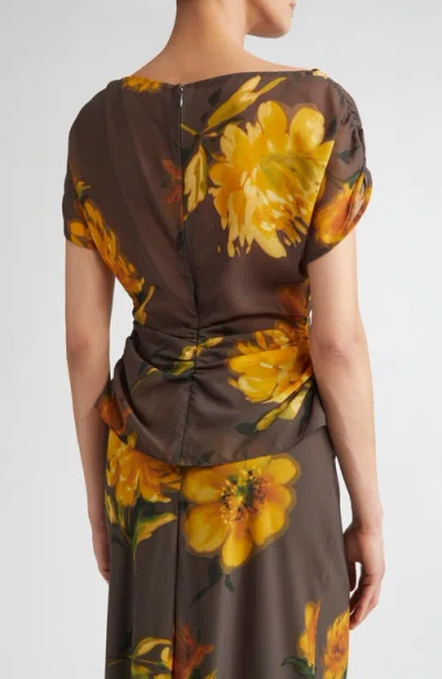 Lela Rose Floral Shirred Cap Sleeve Chiffon Top