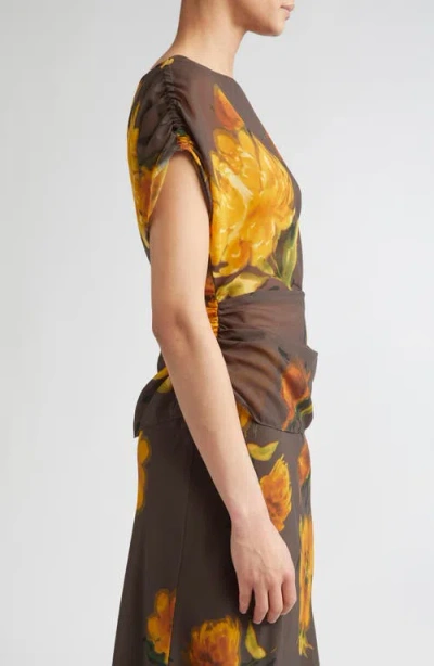 Lela Rose Floral Shirred Cap Sleeve Chiffon Top