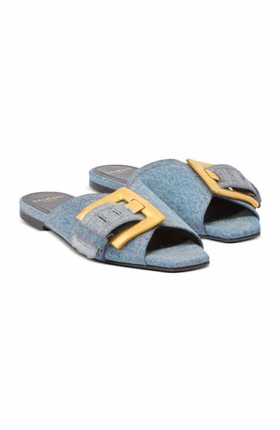 Balmain Anthem Cotton Denim Flat Sandals In Blue