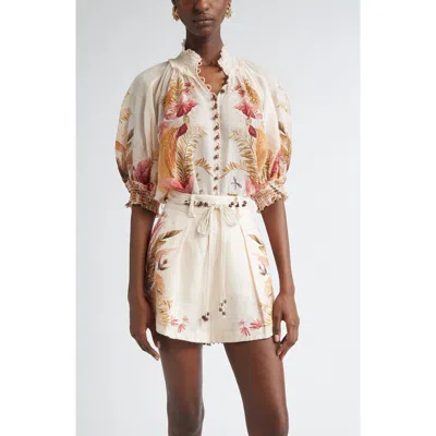Zimmermann Ascension Embellished Shirred Floral-print Ramie Blouse In Multi