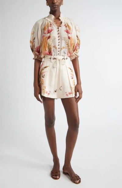 Zimmermann Ascension Embellished Shirred Floral-print Ramie Blouse In Multi