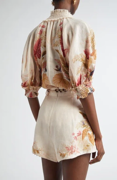 Zimmermann Ascension Embellished Shirred Floral-print Ramie Blouse In Multi