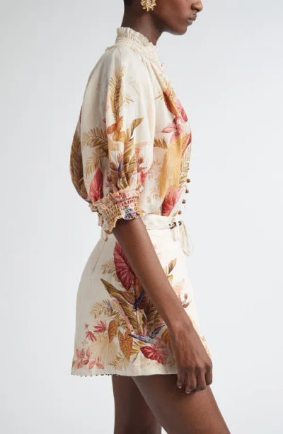 Zimmermann Ascension Embellished Shirred Floral-print Ramie Blouse In Multi