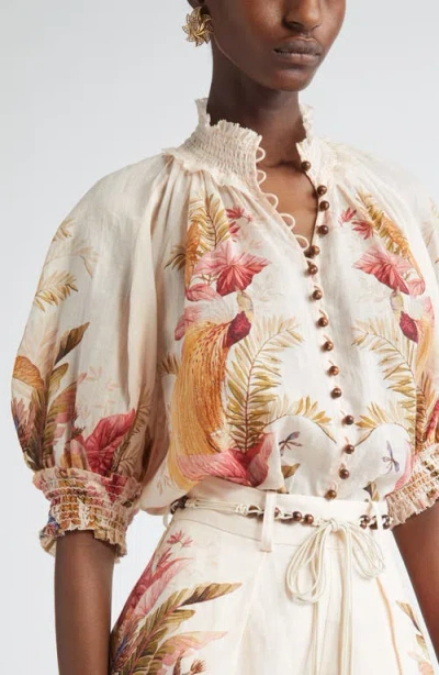 Zimmermann Ascension Embellished Shirred Floral-print Ramie Blouse In Multi