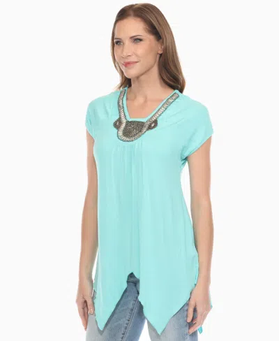 White Mark Women's Beaded Angled Hem Knit Top In Blue