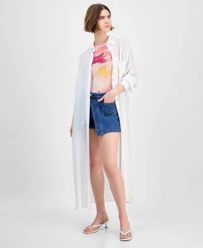 Bar Iii Women's Oversized Button-front Long-sleeve Shirt, Exclusively At Macy's In White