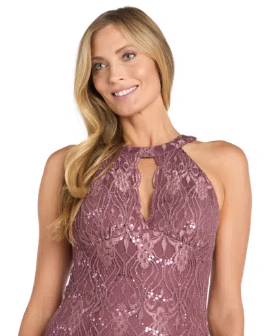 R & M Richards Women's Sequin Lace Keyhole Halter Gown