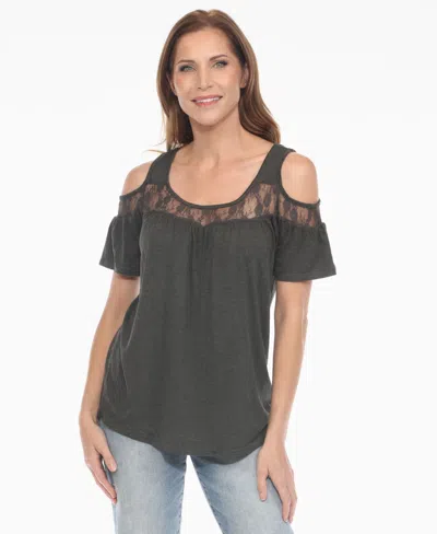 White Mark Women's Cold Shoulder Lace Trim Knit Top In Green