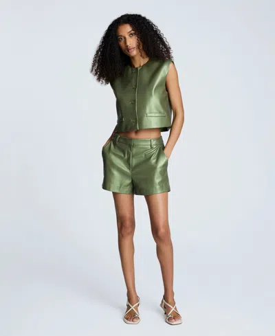 Kenneth Cole Womens Metallic Faux Leather Boxy Vest Shorts In Green