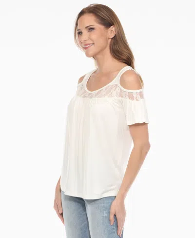White Mark Women's Cold Shoulder Lace Trim Knit Top In White