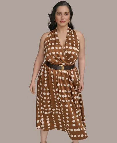 Donna Karan Donna Kaaran New York Plus Size Polka-dot Belted Midi Dress In Brown