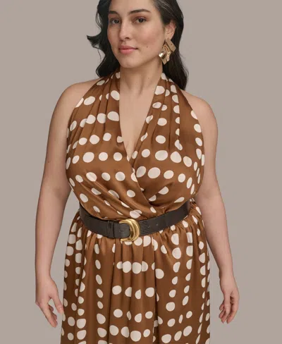 Donna Karan Donna Kaaran New York Plus Size Polka-dot Belted Midi Dress In Brown