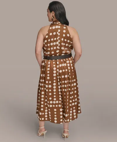Donna Karan Donna Kaaran New York Plus Size Polka-dot Belted Midi Dress In Brown
