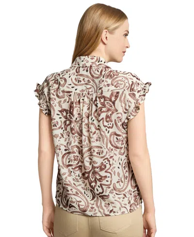 Jones New York Ruffle Sleeve Button-up Shirt In Brown